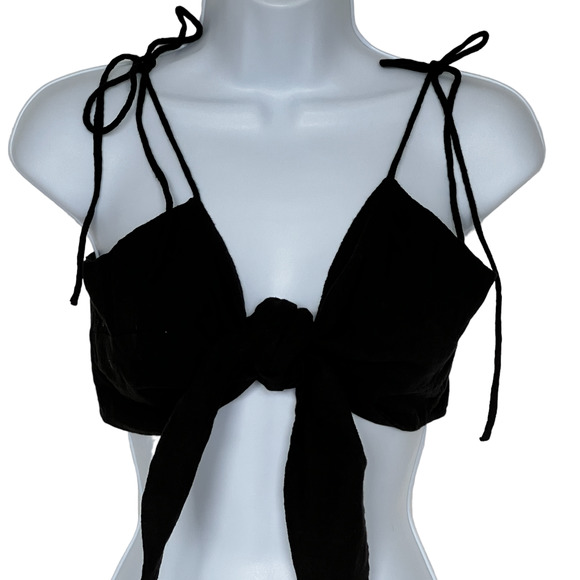 ASOS Tie Front 100% Cotton Spaghetti Strap Festival Crop Top Black 8 - Picture 2 of 6